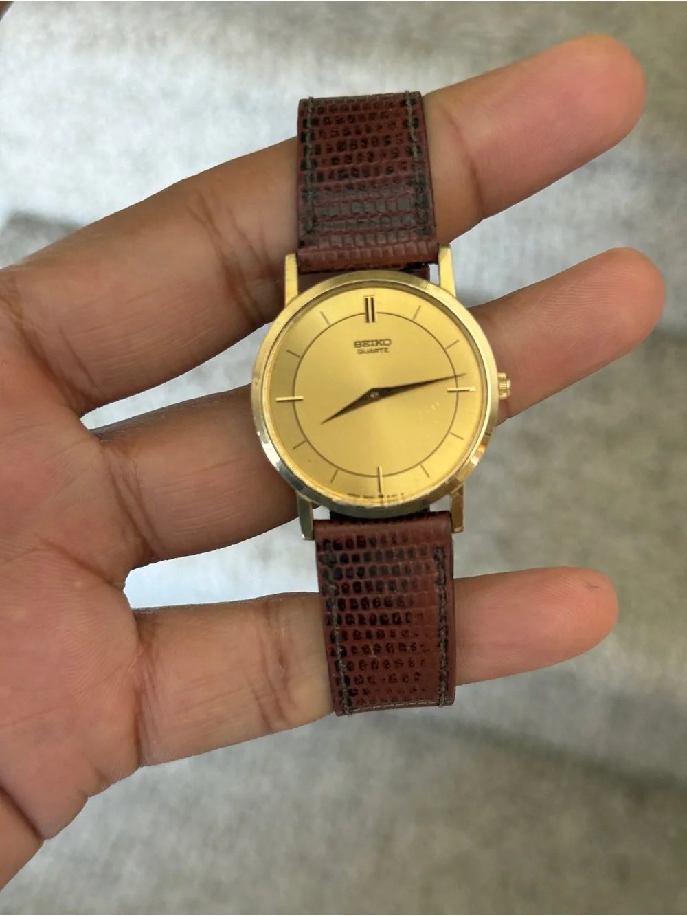 Seiko vintage men’s Gold Dial Watch with Brown Leather Strap